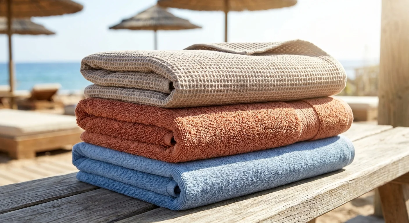 Stack of colorful folded beach towels showing different fabric textures.