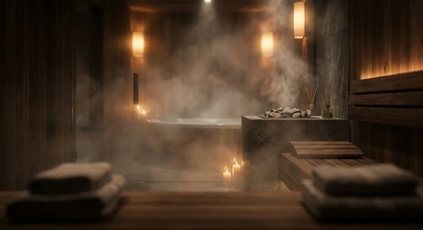 Steamy luxury spa interior with warm amber lighting.
