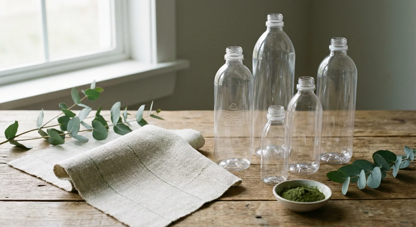 Sticle de plastic reciclate lângă o mostră de material textil fin, simbolizând rPET.