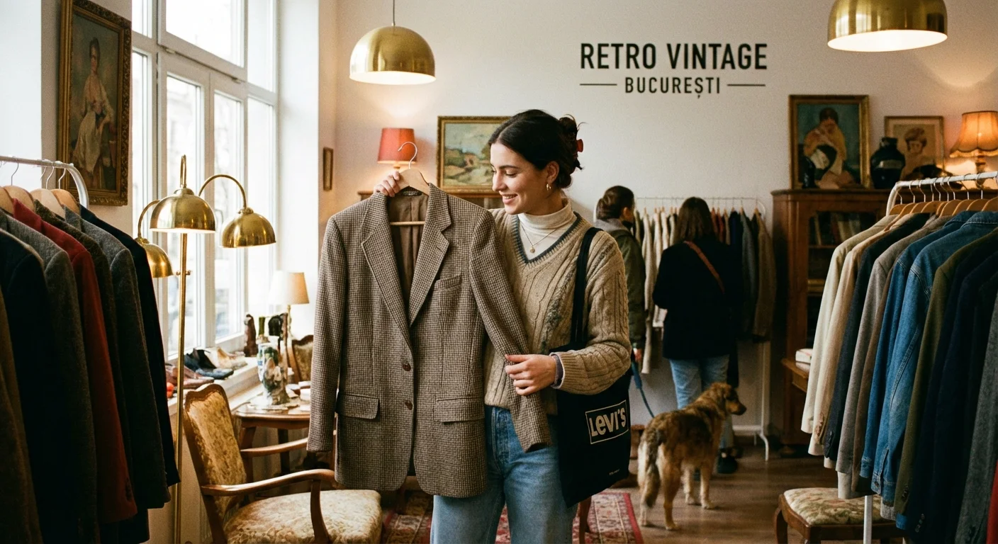Studentă căutând haine vintage de calitate într-un magazin second-hand select.