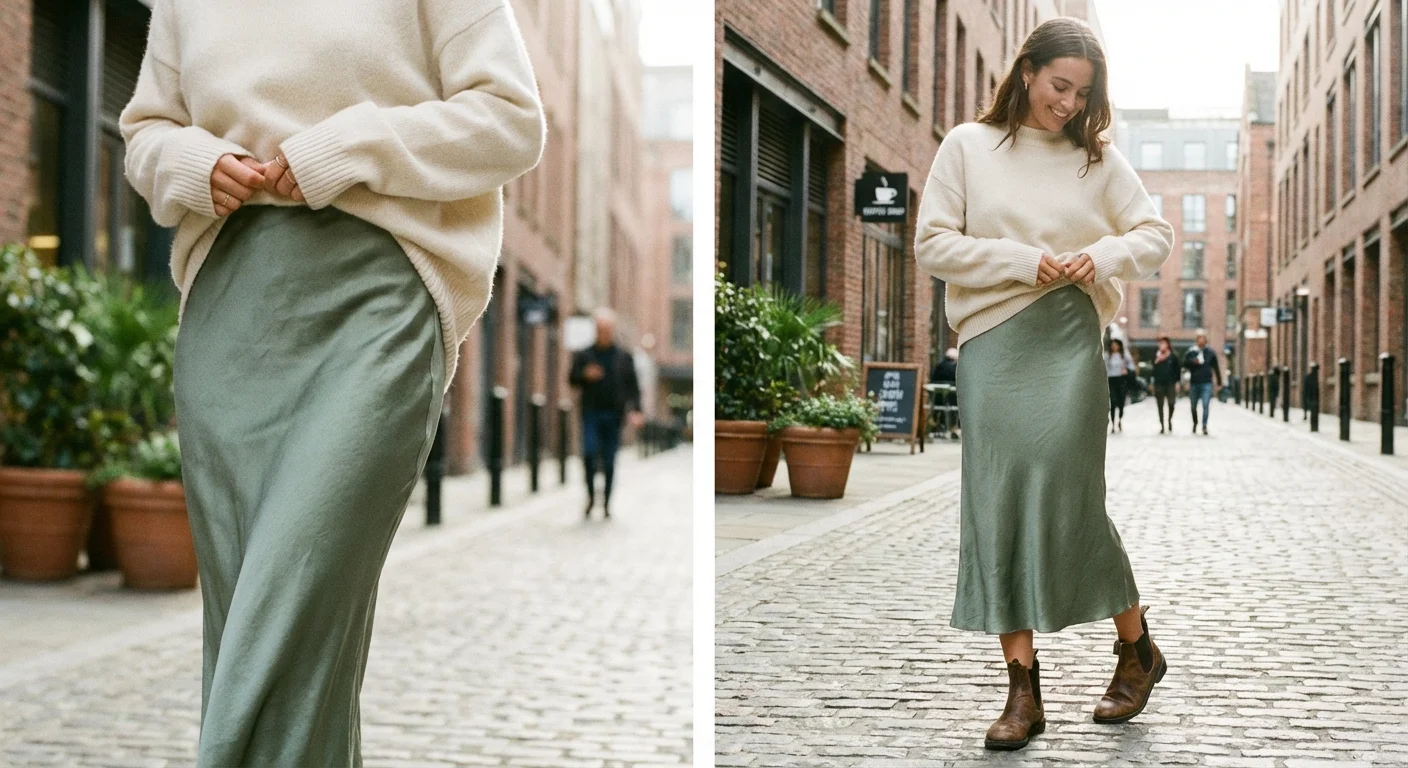 Styling a sage green slip skirt with a chunky cream sweater.