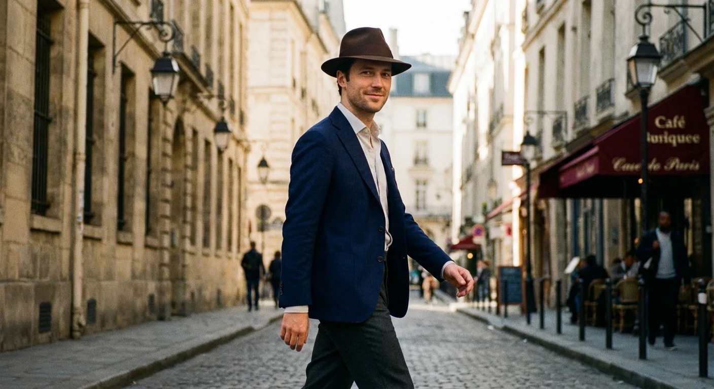 Stylish man wearing a brown Fedora hat in a historic city setting.