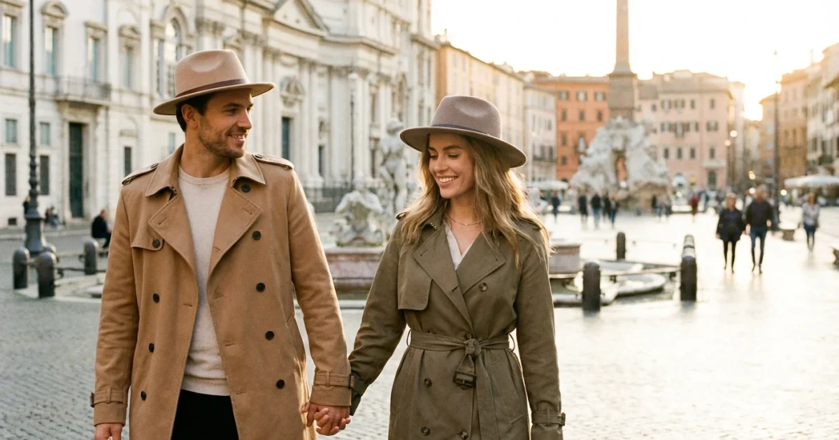A stylish couple wearing fedora hats and trench coats walking on a sun-lit European street.