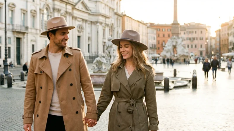 A stylish couple wearing fedora hats and trench coats walking on a sun-lit European street.