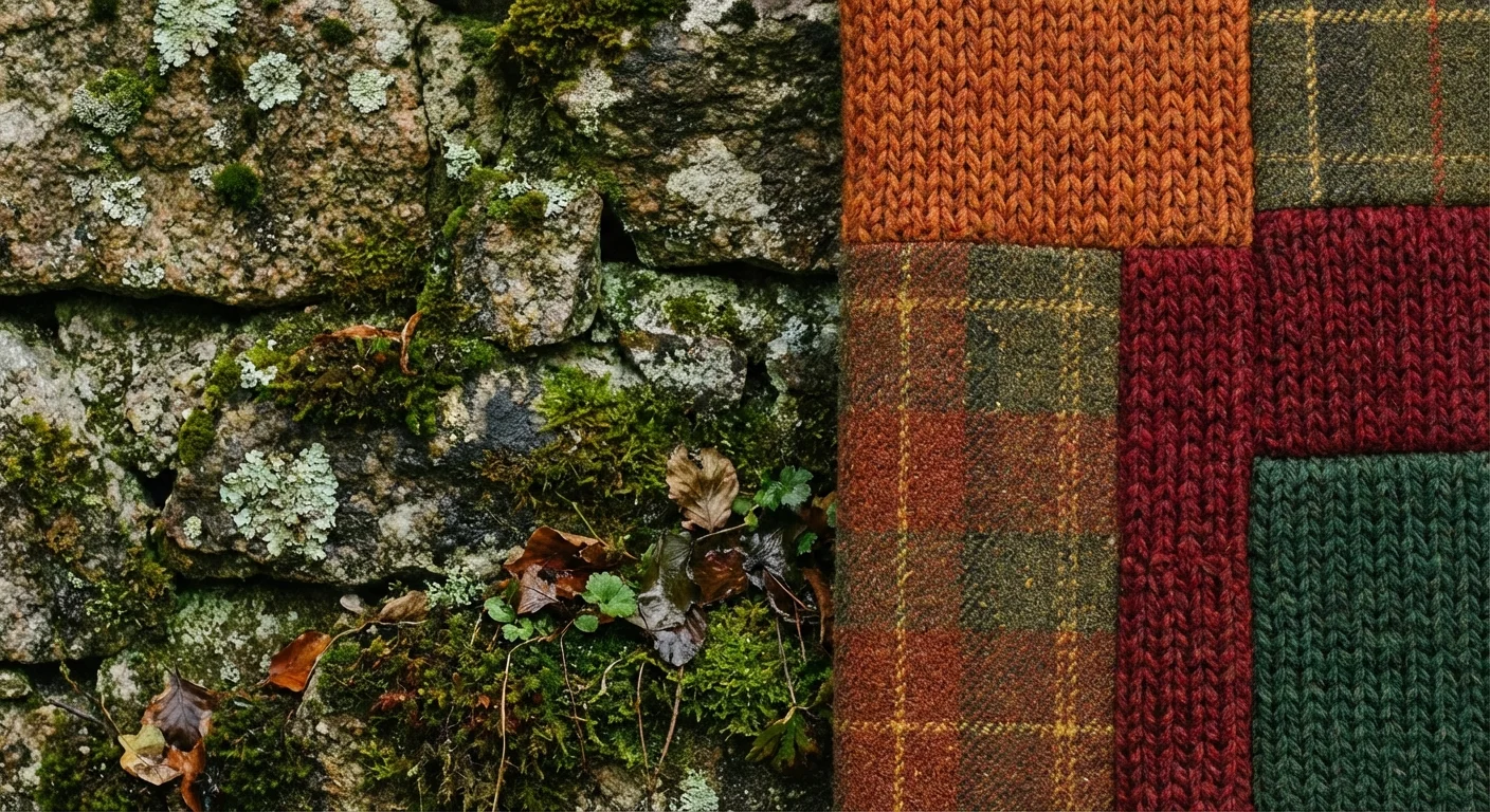 Texturi de tweed și lână în contrast cu un zid vechi de piatră cu mușchi.