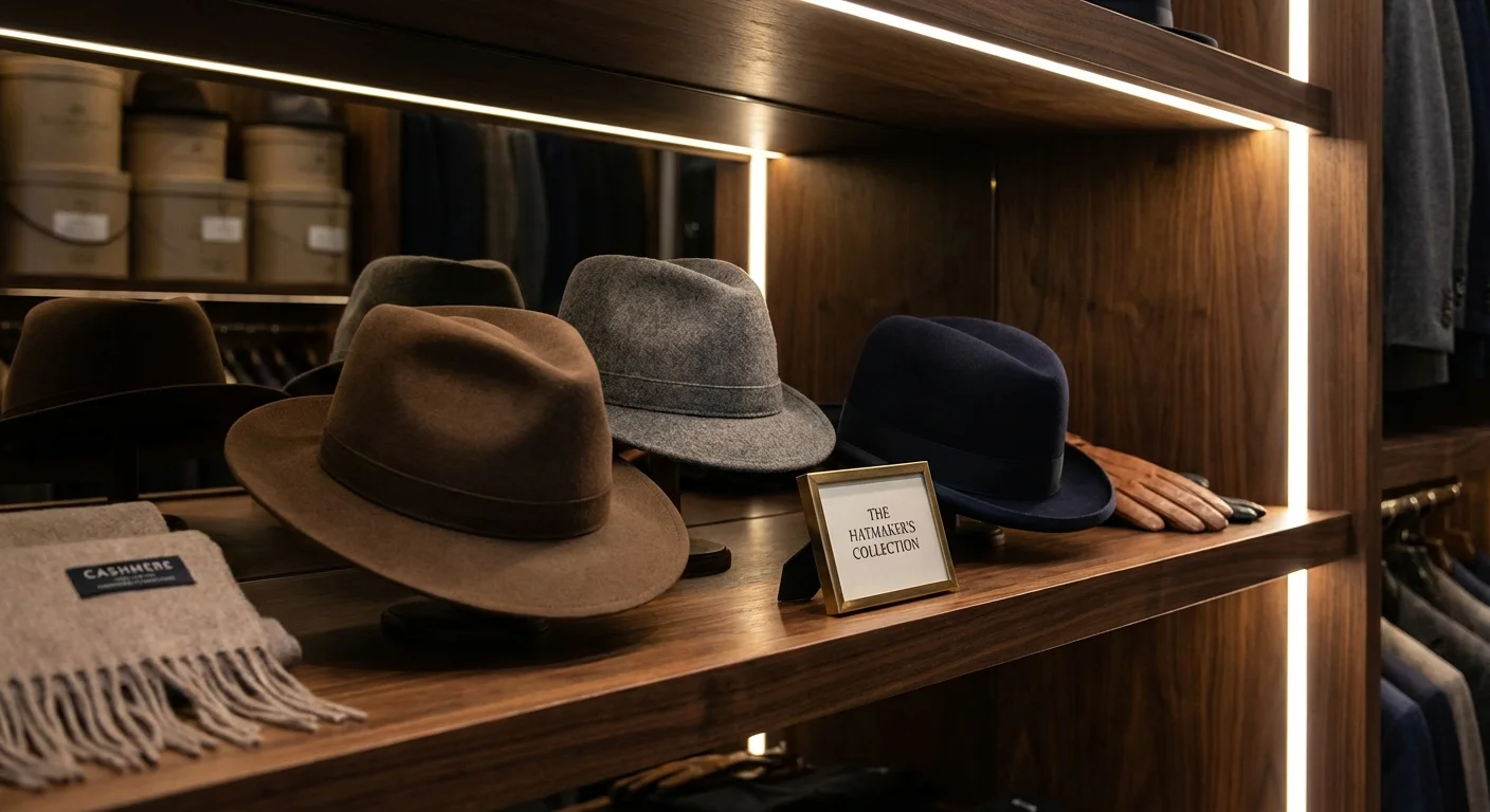 Three different hat styles—Fedora, Trilby, and Homburg—displayed on a boutique shelf for comparison.