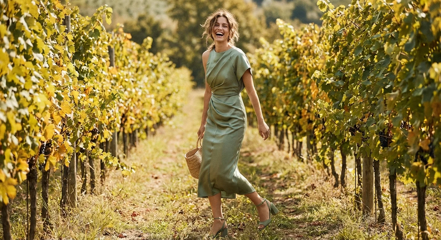 Ținută completă de nuntă cu rochie verde și pantofi asortați, într-un cadru natural.