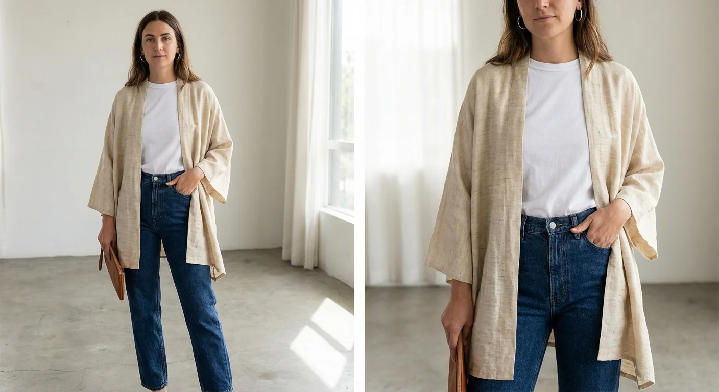 Ținută echilibrată cu borangic, denim și un tricou alb, exemplificând un stil modern și relaxat.