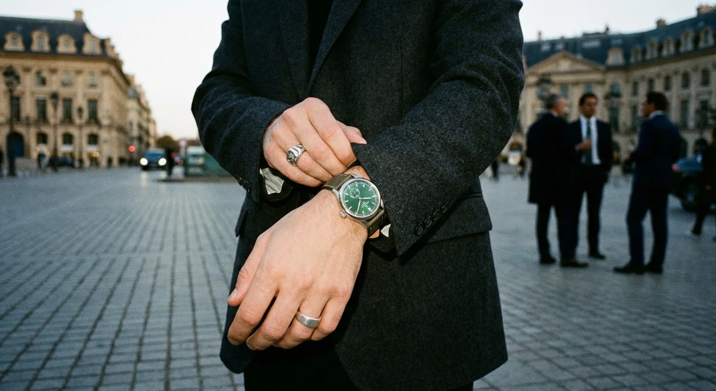 Ținută elegantă cu sacou din lână și un ceas cu cadran verde la încheietură.