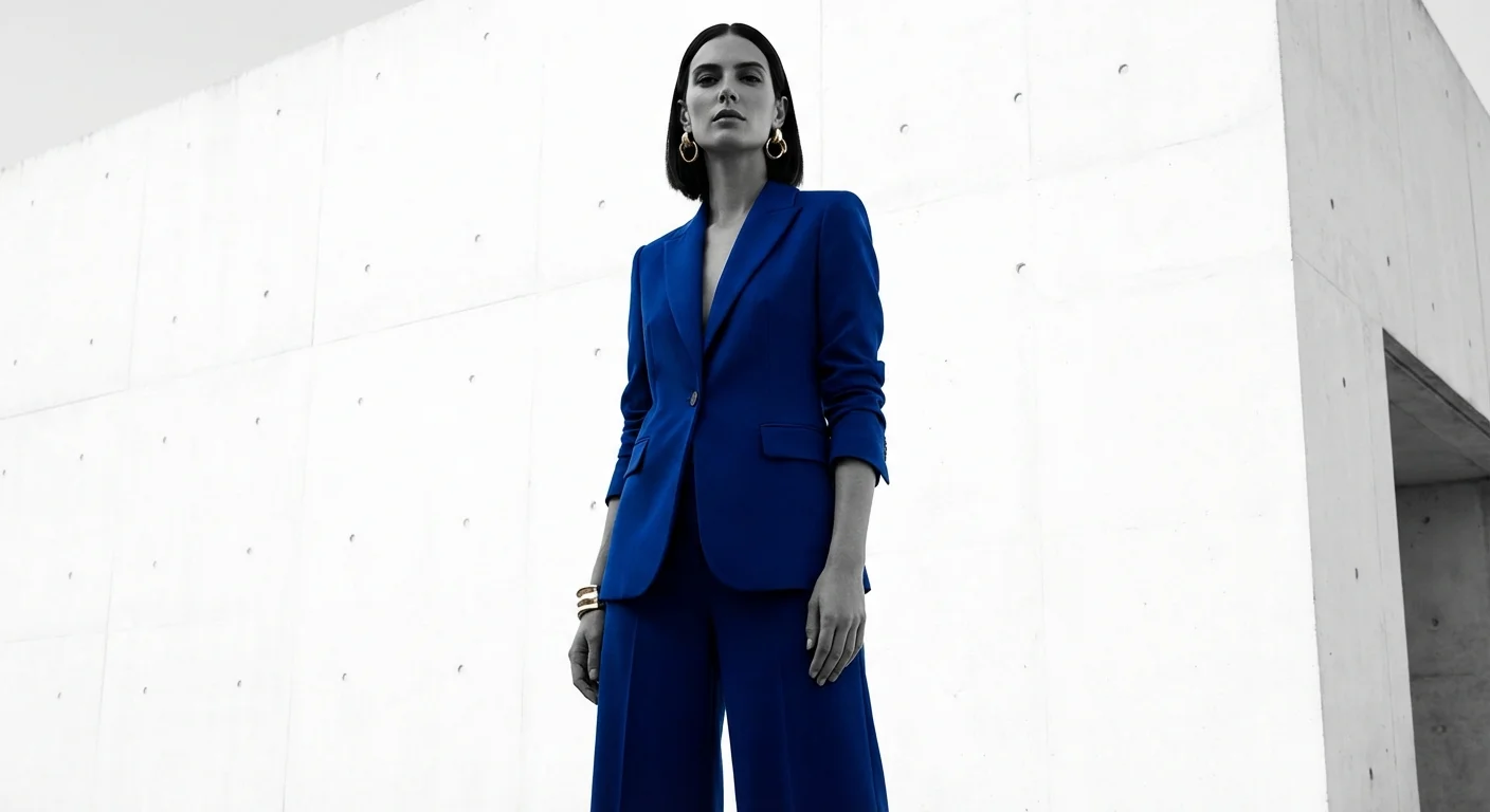Ținută monocromatică albastru regal, costum de damă elegant pentru botez.