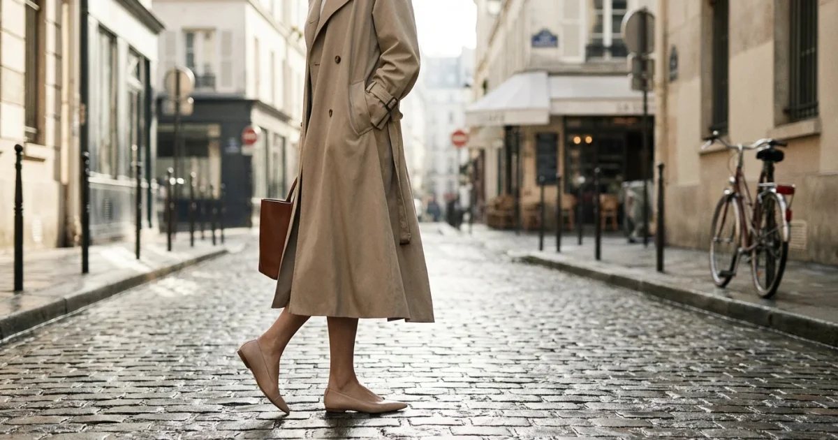 Woman in a trench coat walking on a cobblestone street wearing elegant ballet flats.