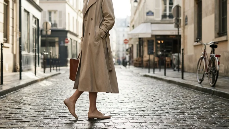 Woman in a trench coat walking on a cobblestone street wearing elegant ballet flats.