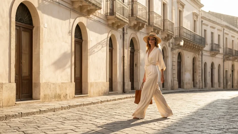 Elegant woman in a cream jumpsuit walking on a sunny city street.
