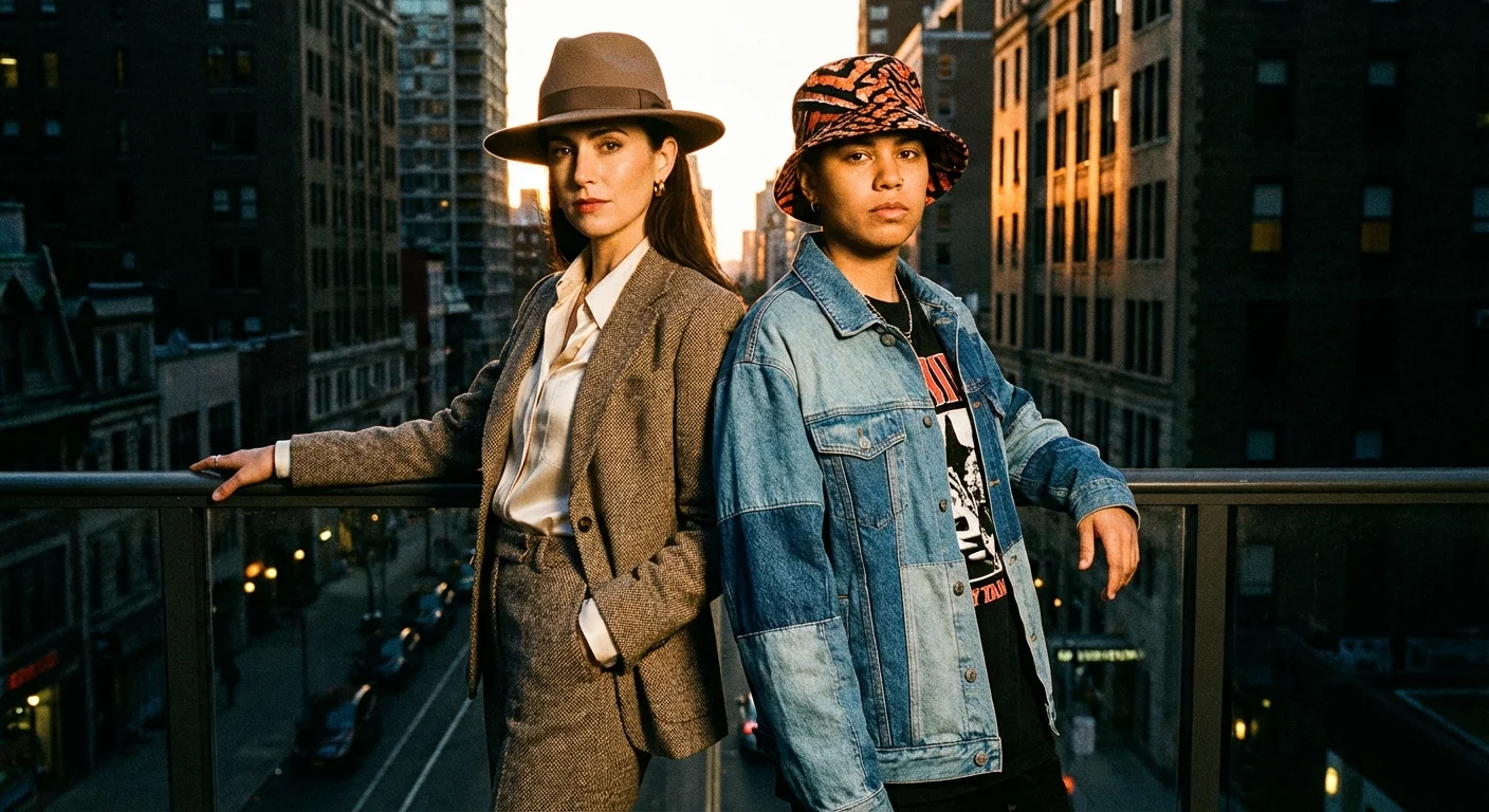 Two stylish individuals posing back-to-back in a fedora and a bucket hat.