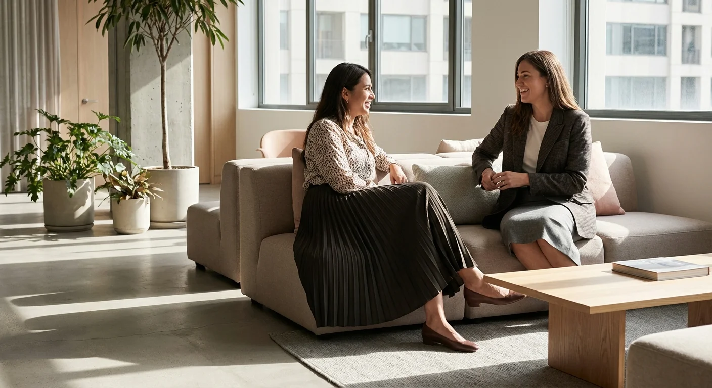 Two women in different professional skirt styles interacting in a modern workspace.