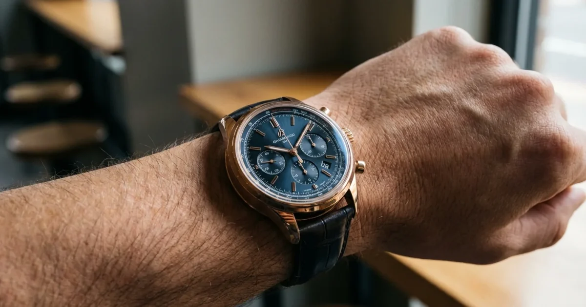 Un ceas automatic elegant pe încheietura unui bărbat, într-o lumină caldă de cafenea.