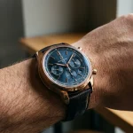 Un ceas automatic elegant pe încheietura unui bărbat, într-o lumină caldă de cafenea.