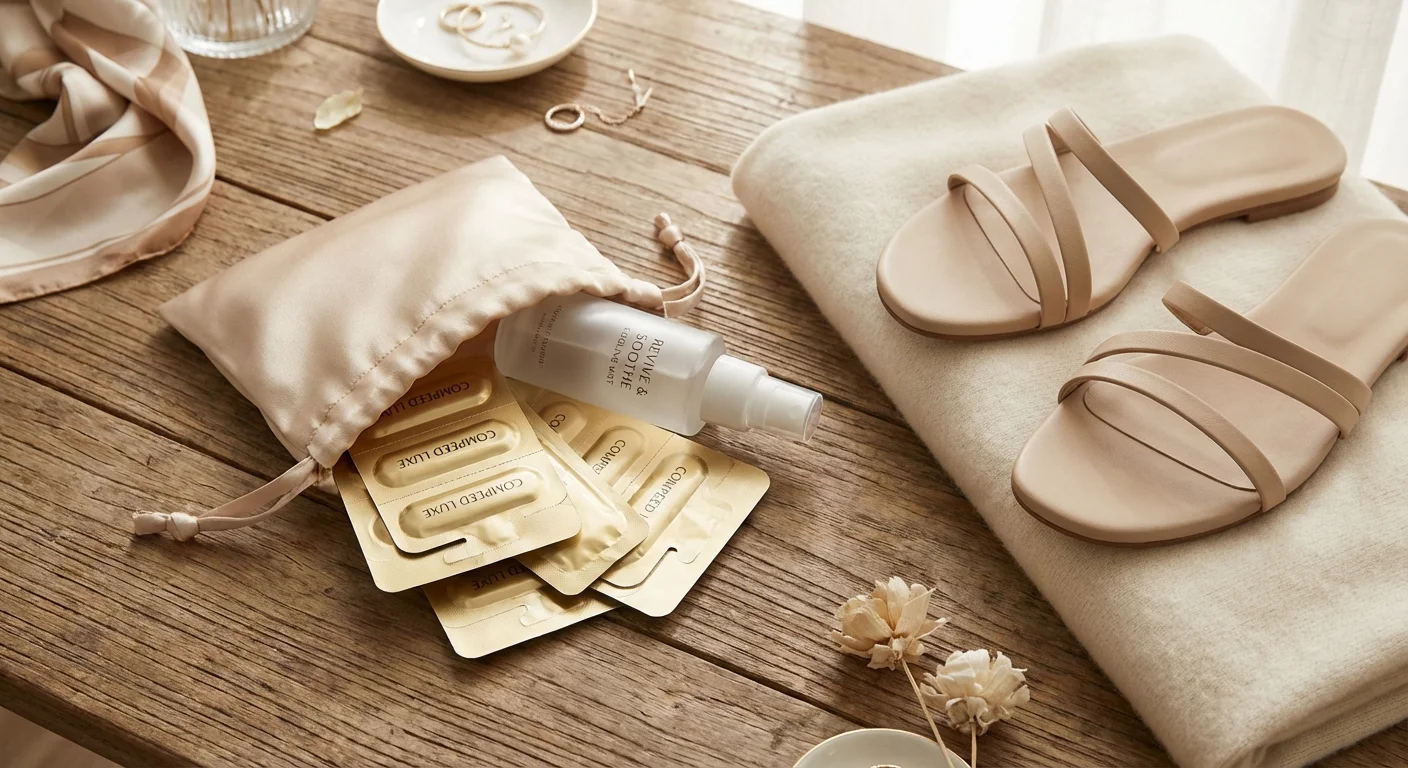 Un kit de urgență elegant pentru picioare, conținând plasturi și spray răcoritor.
