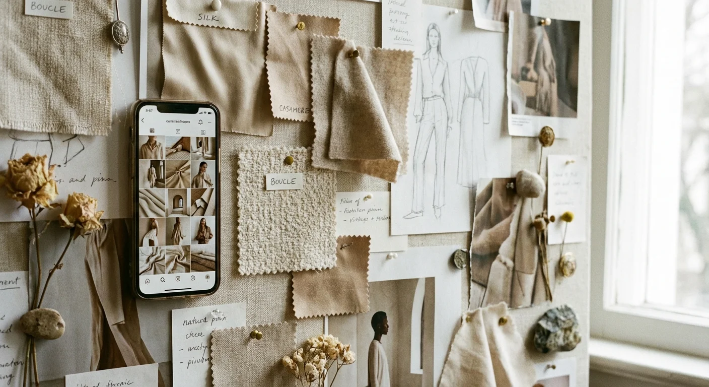 Un mood board de modă cu mostre de materiale, schițe și un telefon mobil.