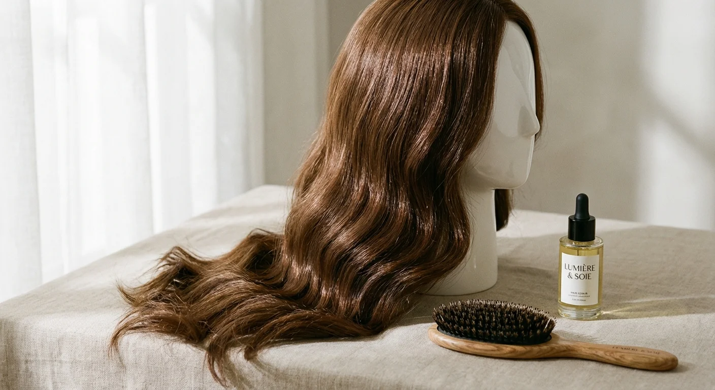 Wig care essentials including a brush and serum on a linen surface.