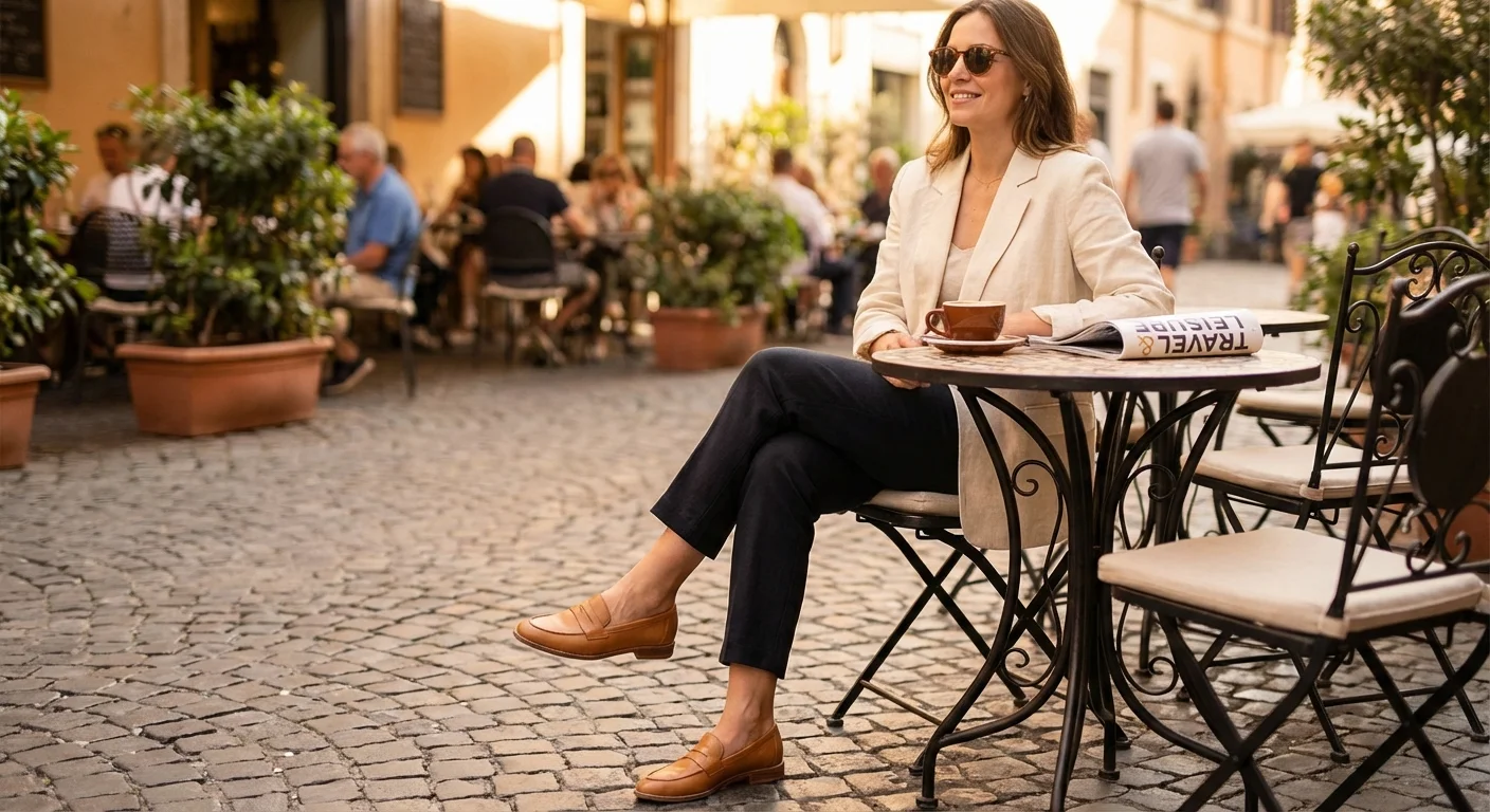 Woman at a cafe wearing classic tan leather loafers.