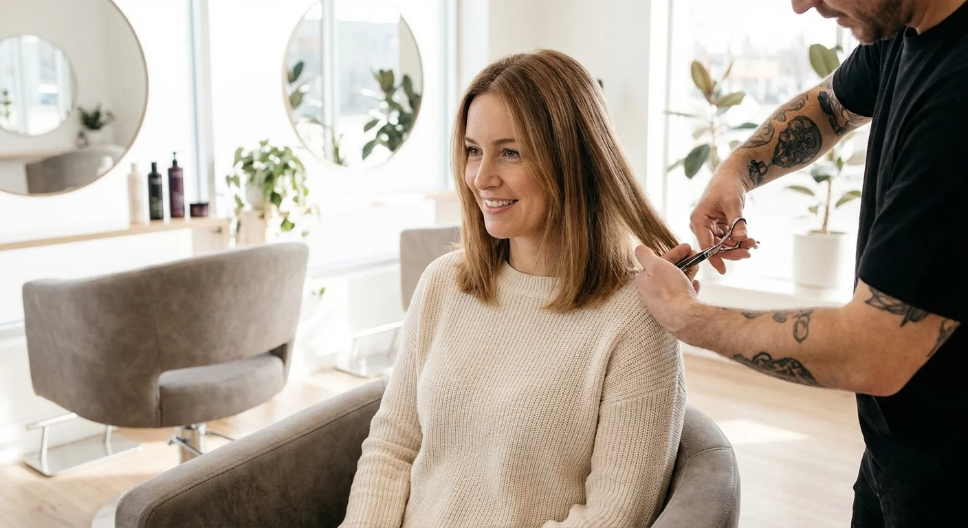 Woman getting a hair trim in a modern salon.