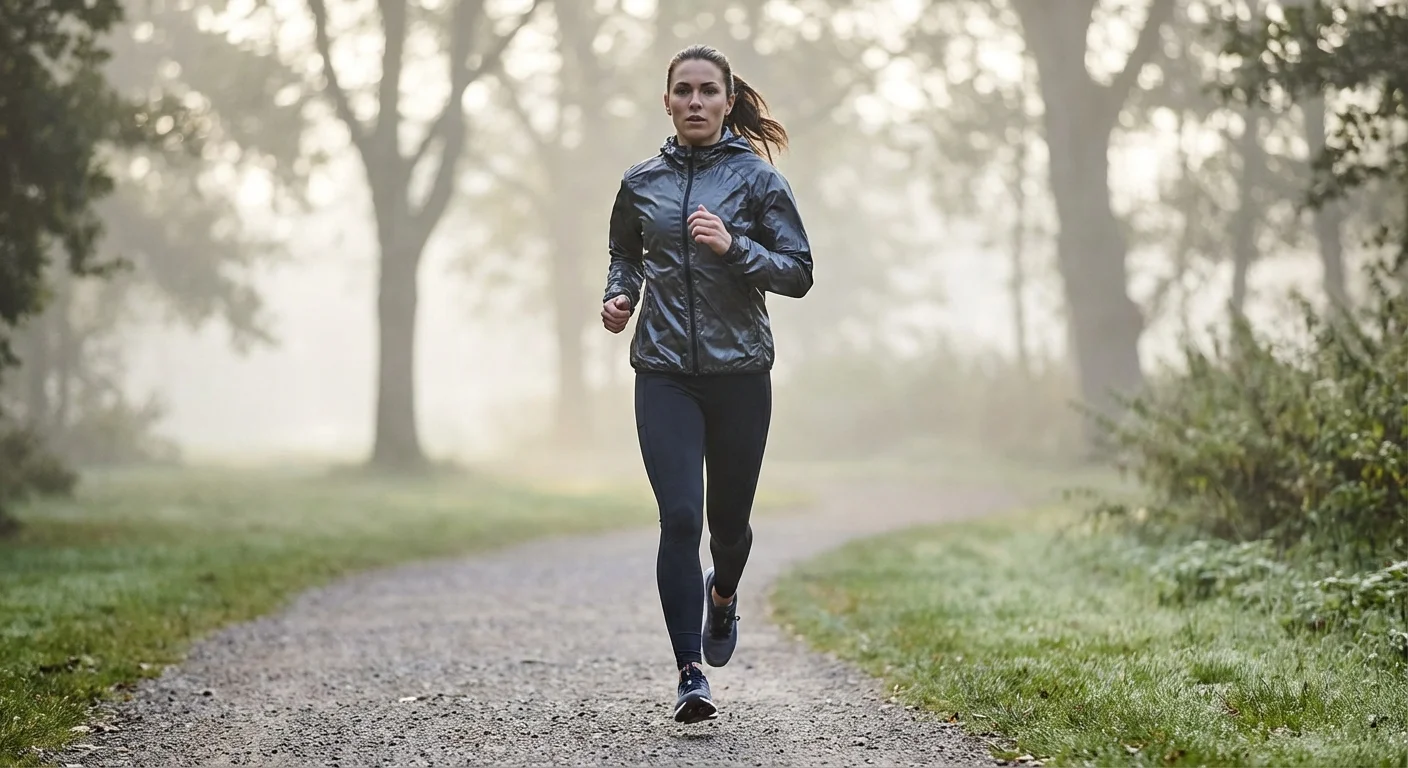 Woman jogging in a park without glasses, appearing focused.