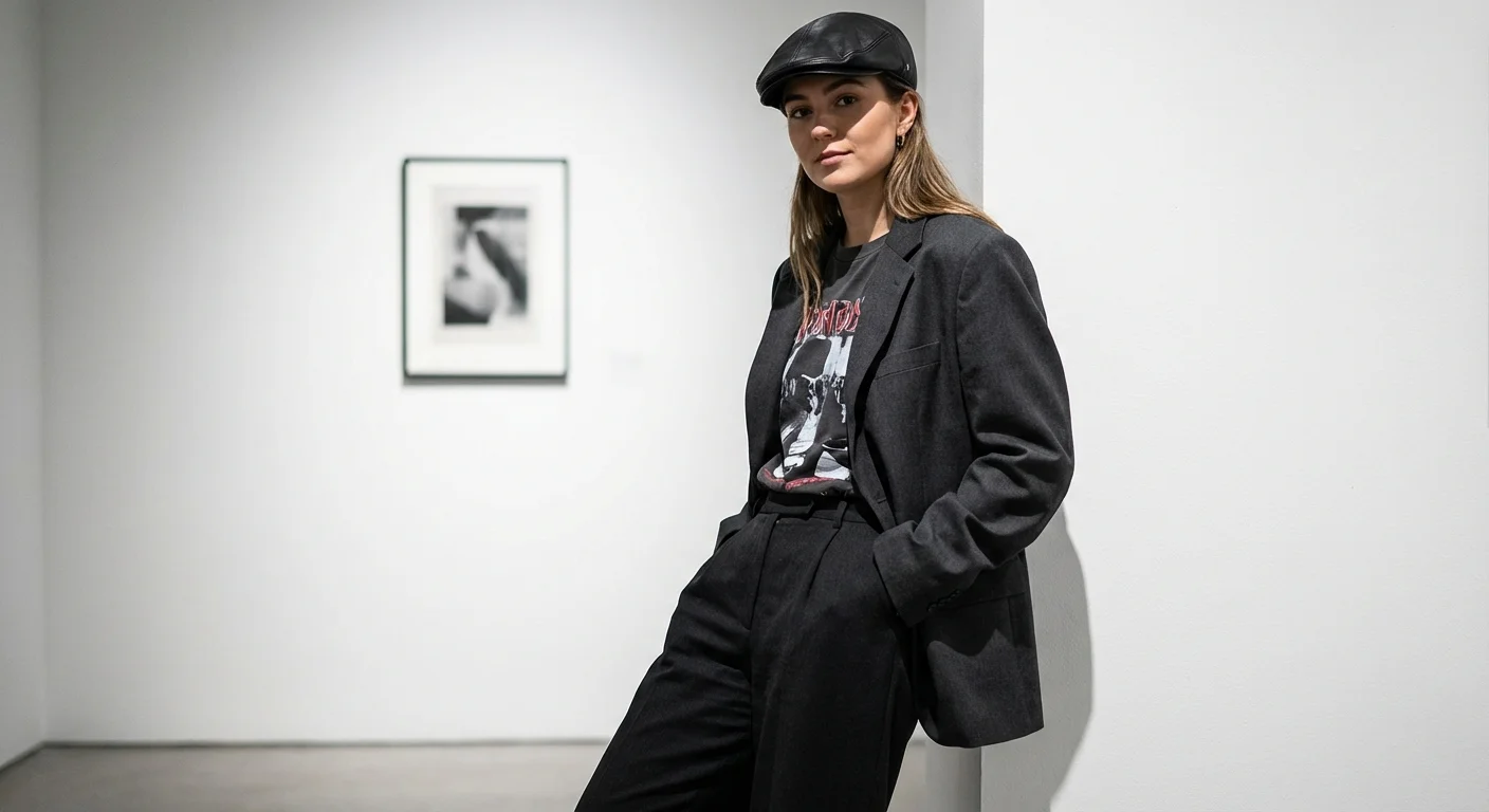 Woman wearing a black leather Ivy cap and oversized blazer in a modern setting.