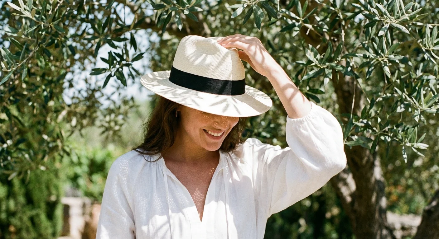 Woman wearing a high-quality straw Panama hat in bright sunlight.