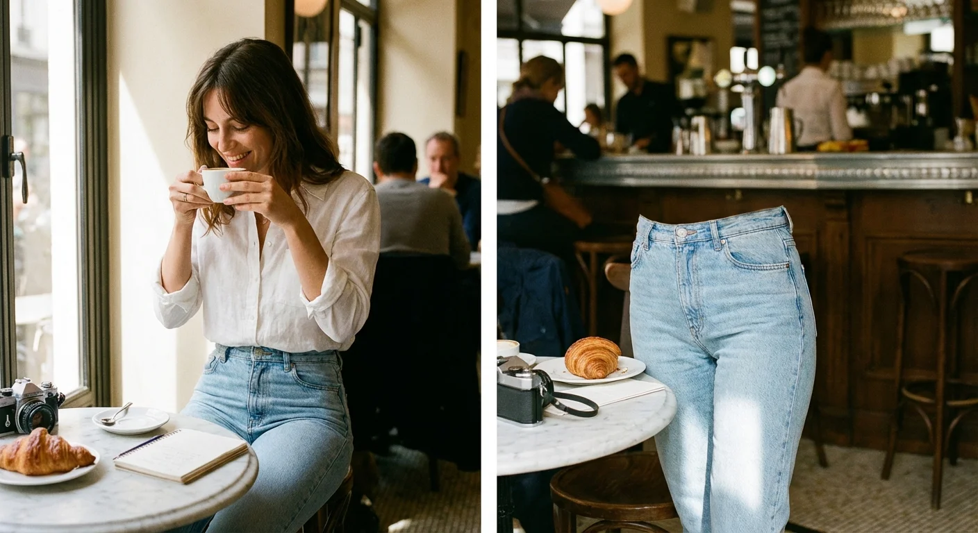 Woman wearing high-waisted Mom jeans in a bright cafe setting.